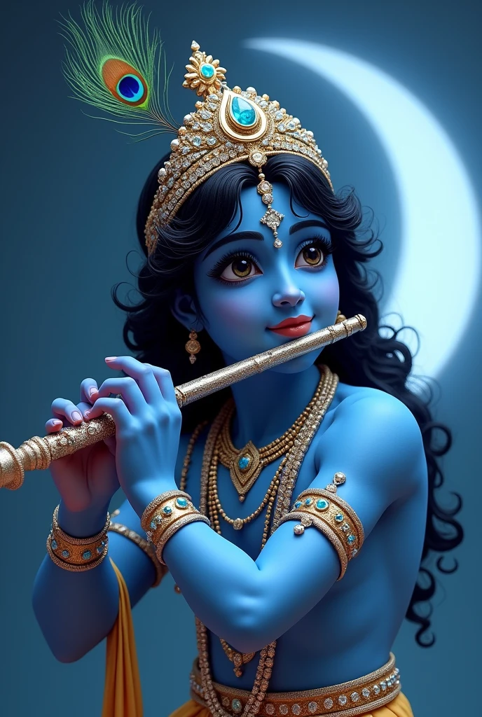Shri Krishna most handsome man in blue mirror like dress under crescent moon having flute in his hand cascading black hair on his neck and his mesmerizing doe big eyes
and wearing peacock feather and dimond crown not big crowds just like clip having smile on his face make his face more attractive facing towards me , standings smile and calmness on his face face playing that flute more attractive
from little away