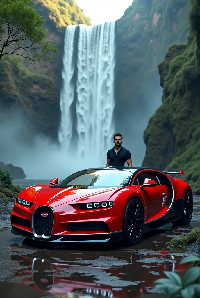 Red bugatti with waterfall with andrew tate
