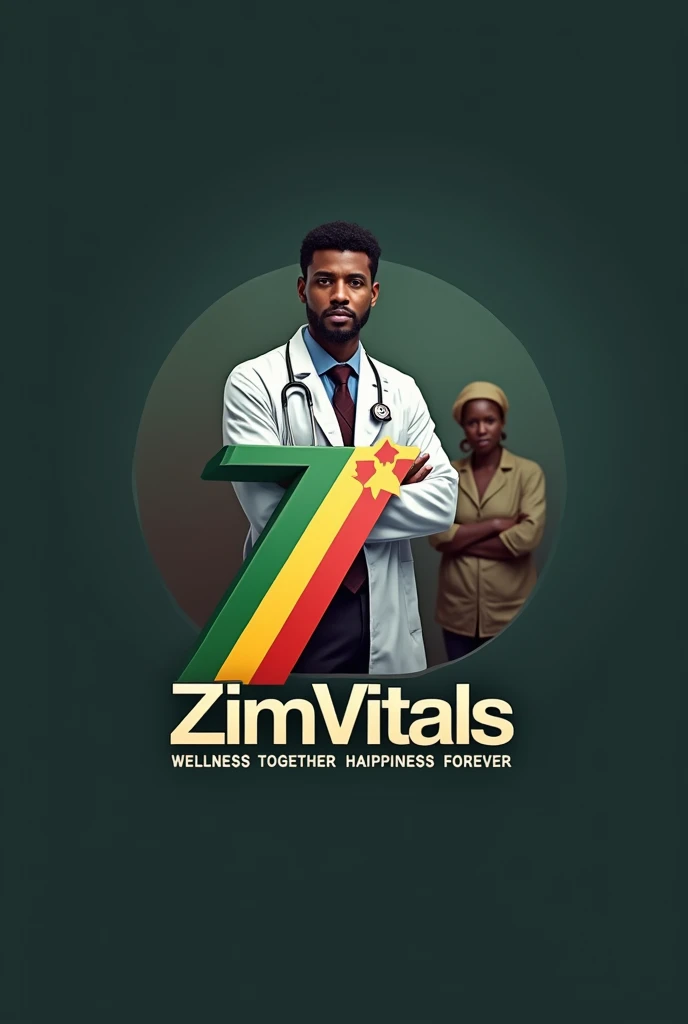 I want a logo for a health channel called ZimVitals, with motto "Wellness together, happiness forever". Put a tinge of dim Zimbabwean flag at the background. With a reaslistic black doctor with a patient in the background. Put a Z which has green, yellow, red and black in that order.