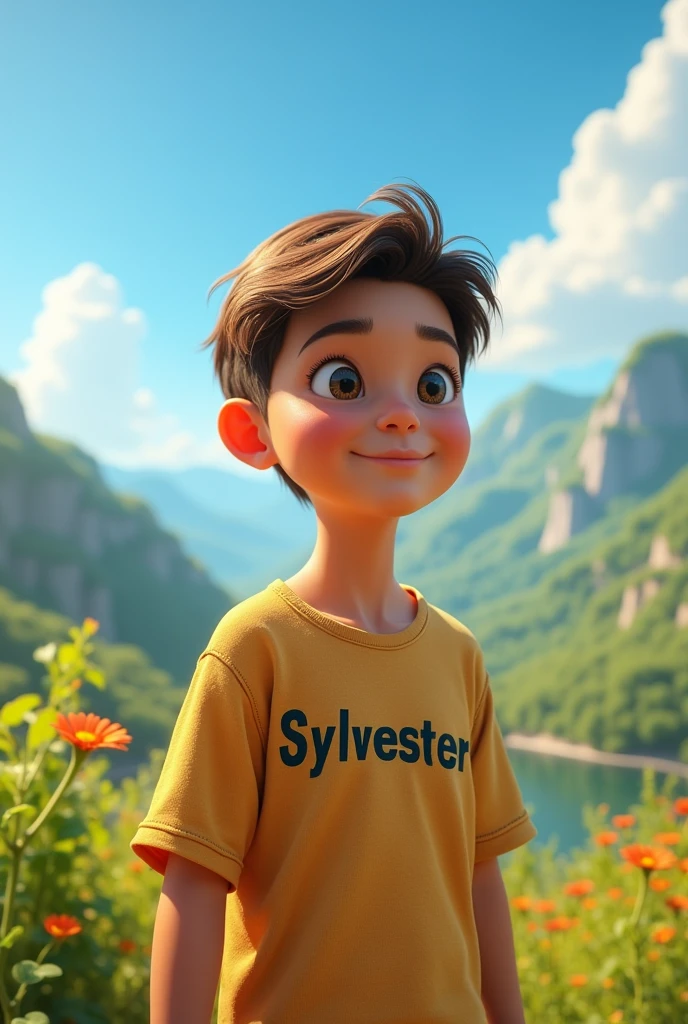 
It is written on the side of a boy's shirt, Sylvester, it is very beautiful and stand a beautiful place