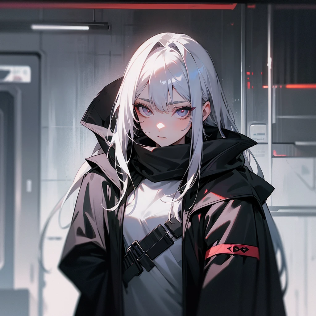 White hair, woman, female, looking at viewer, long hair, center part, dark silver hair, White eyes, gradient eyes, with irises, fair skin, with black angel wings on back, black coat, black hood, black gloves, cyberpunk, inside, in the subway,