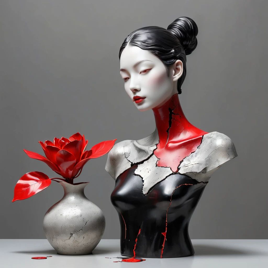 ((exhibition，Still Life Table，Artistic statues，3D sculpture，ceramics，Surface cracks，Broken texture)), mercy，thin neck，Show the beauty of nature.Black & Red Theme，by Kane，gold powder， This work is presented on a gray background..，Highlight its artistic qualities.Ray tracing
