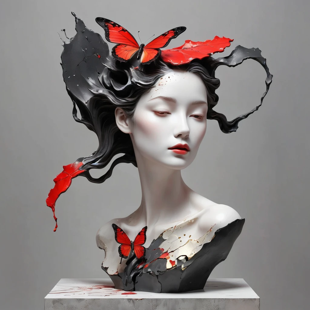 ((exhibition,Still Life Table,Artistic statues,3D sculpture,ceramics,Surface cracks,Broken texture)), mercy,thin neck,Show the beauty of nature.Black & Red Theme,by Kane,gold powder, This work is presented on a gray background..,Highlight its artistic qualities.Ray tracing