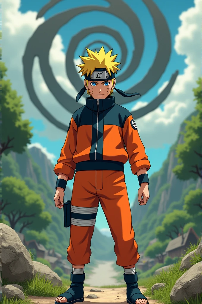"Naruto Uzumaki in his signature orange outfit, standing in a dynamic pose with the Hidden Leaf Village symbol prominently displayed in the background. The image should be in high resolution, 4K quality, showcasing Naruto's determination and spirit."