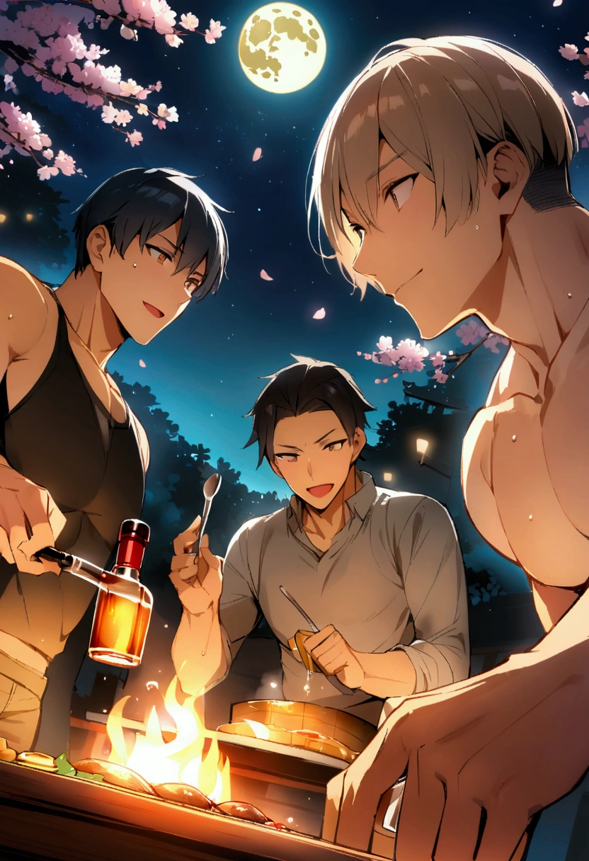 cooking、Liquor、Cherry Blossoms at Night、Starry Sky、full moon、Fun atmosphere、Muscular、Short Hair、4boys、2