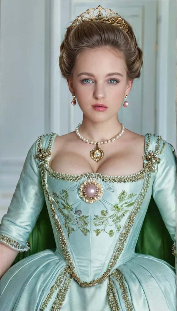 Front view , looking at viewer ,Full-body,,  Empire of Austria -Hungary girl, 2 old, (Light brown hair, middle hair , wince, Green eyes, beautiful lip, serious), (Pearl crescent earrings, Pearl and gold neckless, tiara with Dimond ), (big breasts, slender whist, wide hip) ,(Rococo 18the century dress), turquoise base dress and skirt, (Blue Sinister:1.5) , in Palace, in Austria, textured skin , HI detailed skin, (foreshortening, Canon, UHD, anatomically correct, super detail, high details, highness ,壁にプロビデンスの画が飾ってある, detailed face, very long eyelashes, pink shiny lipgloss, half open mouth, 4k,8k, high, whole body, full body photography, 