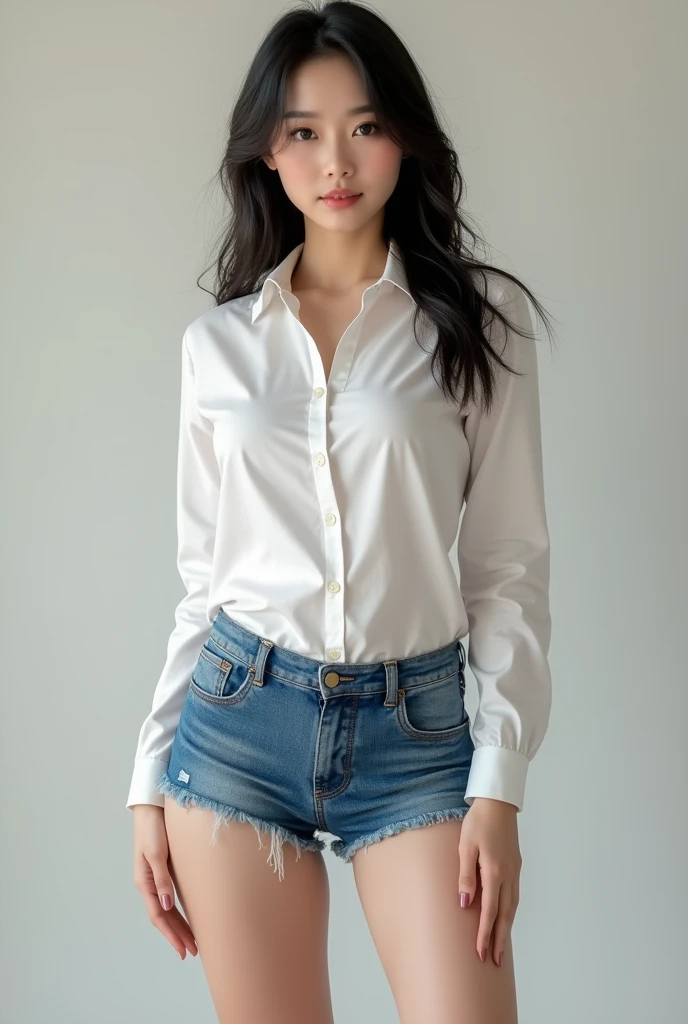 Create an image of a Chinese women that is 180 cm, size c breasts wearing a tight white shirt and then short short blue jeans