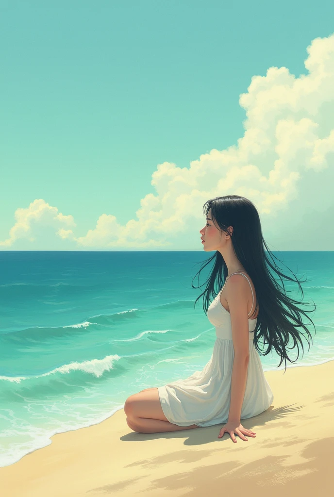 * **Subject:** A woman with long dark hair.
* **Setting:** A beach with a vast ocean.
* **Colors:** Blue, white, with hints of yellow and green.
* **Mood:** Peaceful, serene, and calming.