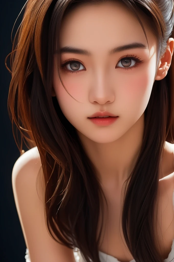 The illustration features high-quality and delicate details. A cute, innocent Asian teenage girl with light makeup, wearing revealing attire, a sexy figure, and detailed white skin. It has high resolution, presented as a 16K wallpaper with a completely dynamic structure. The painting includes exquisite and beautiful eyes, a captivating and expressive face, showcasing lively and elegant expressions. The subject is gazing slowly at the viewer against a black background, reminiscent of Mark Demsteader's style.