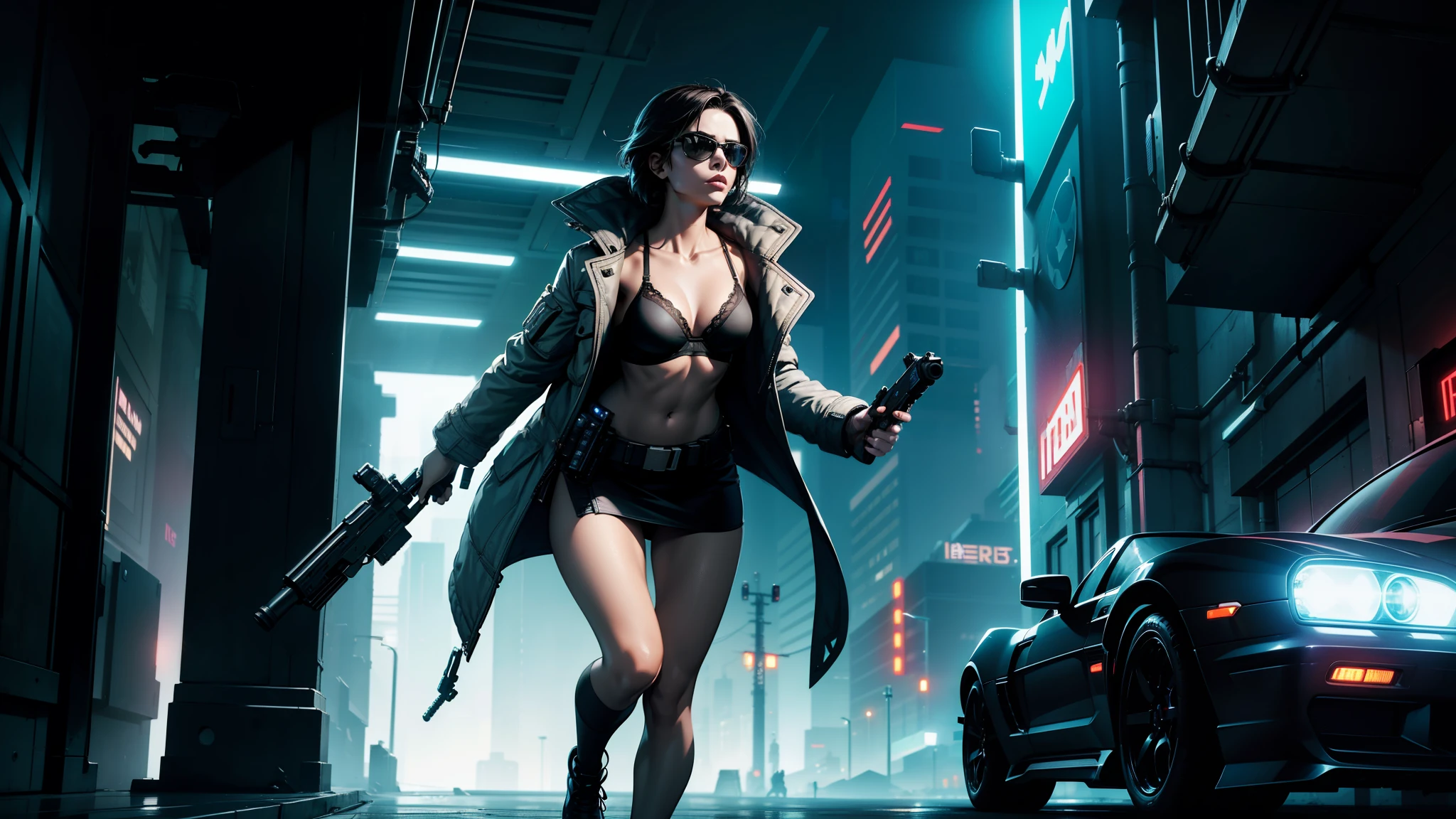 cyberpunk-style city with a nocturnal vibe with Star Wars-like aesthetic references. At night, (1girl, solo, alone), medium-breast slim:0.6 body, oval:0.5 face, cleavage:1.1, sexy black laced bra, miniskirt, white laced panty, coat, (black micro sunglasses), (holding a short gun), (slightly leaning forward running pose), (half-body thigh level medium shot), cinematic lighting, ray tracing.