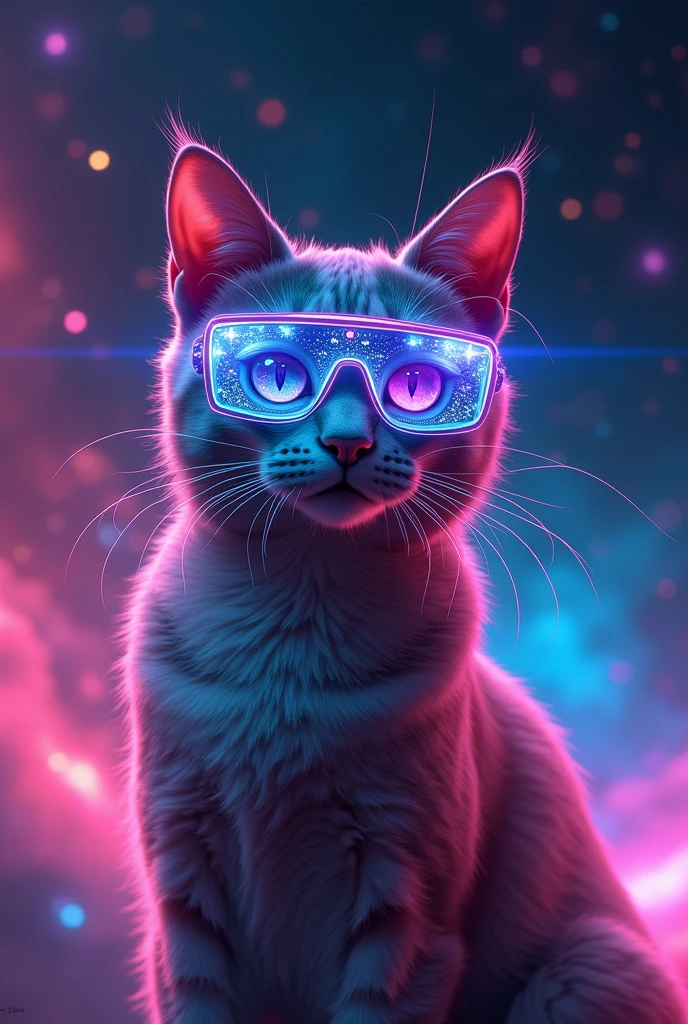 Cat with metaverse glasses in space neon lights