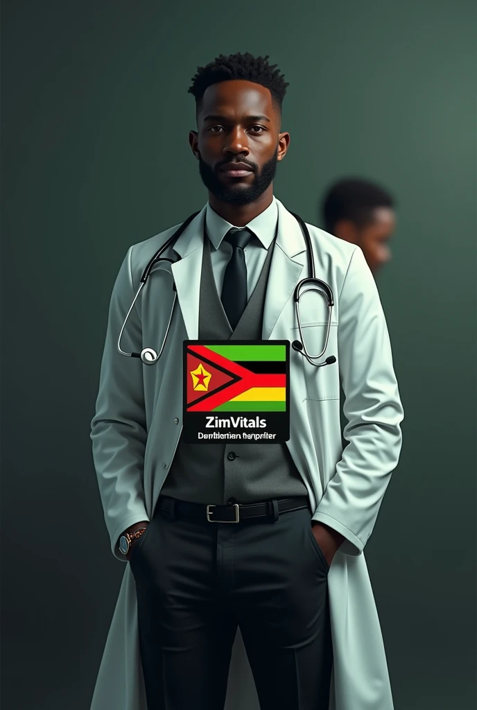 I want a logo for a health channel called ZimVitals, with motto "Wellness together, happiness forever". Put a tinge of dim Zimbabwean flag at the background. With a reaslistic black doctor with a patient in the background. Put a Z which has green, yellow, red and black in that order.