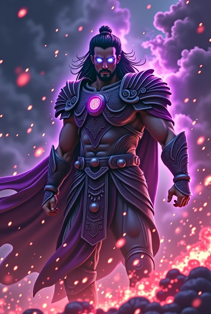 Suryaputra karn emerges from the swirling purple flames, glowing white eyes piercing the smoke. The background is predominantly dark, highlighting the intensity of the fiery colors and the sinister presence of the figure fighting against arjuna along with his godly armour in his chariot, which is surrounded by chaotic Mahabharata fight, flickering flames that evoke a sense of confidence. anime, anime style, 4k, 8k, good quality, wallpapers size, zoom face, FACE of the worlds