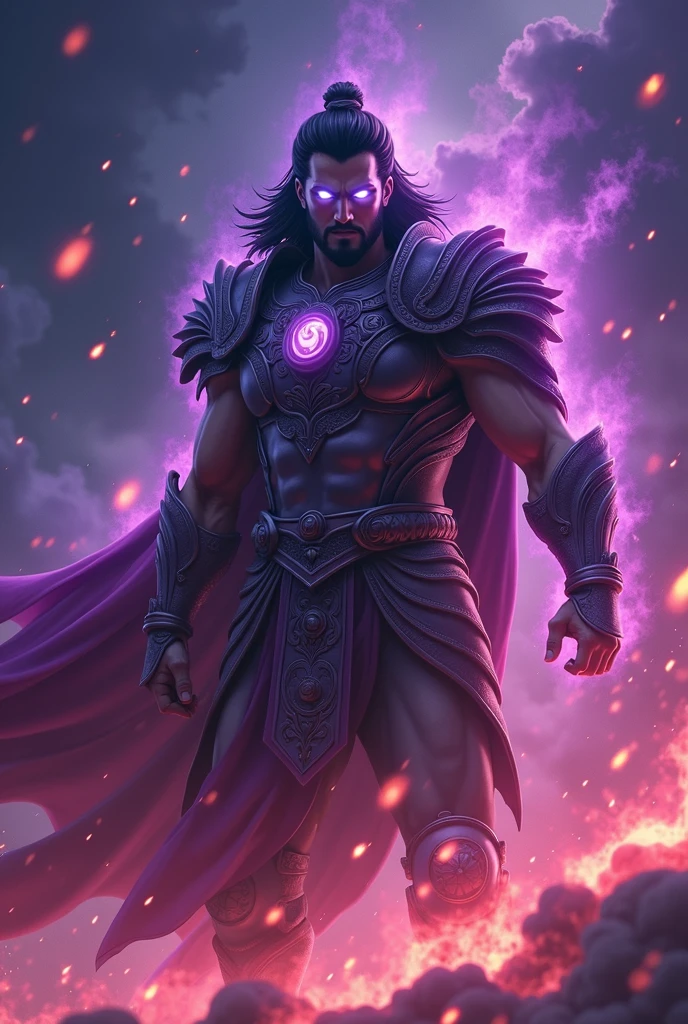 Suryaputra karn emerges from the swirling purple flames, glowing white eyes piercing the smoke. The background is predominantly dark, highlighting the intensity of the fiery colors and the sinister presence of the figure fighting against arjuna along with his godly armour in his chariot, which is surrounded by chaotic Mahabharata fight, flickering flames that evoke a sense of confidence. anime, anime style, 4k, 8k, good quality, wallpapers size, zoom face, FACE of the worlds