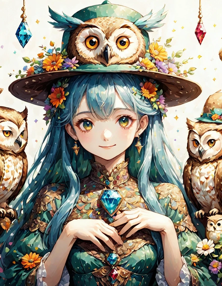 Highest quality、High resolution、(Beautiful face in every detail:1.4)、(Draw a picture to fit on the canvas:1.5)、Carefully draw your hands、Delicate hands、Elaborate hands、Anatomically correct、(Normal number of fingers:1.2)、(Highly detailed face)、Detailed eyes、大people、20Age、Perfect body line、Stand in the center、so beautiful、 (((Blank Background:1.5, No background:1.5, Background white:1.5)))、1people、(Upper Body:2.0)、woman、(smile:1.5)、Halloween、witch、The hat is very small、(Blue Hair:2.0)、(Long hair in a loop:2.0)、(witchの帽子:1.5)、(owl1羽:2.0)、(1羽のとても大きいowl:1.5)、(owl1Being with the feathers:1.5)、(owlはwomanの体の手か前腕にとまってる:1.5)、(The hat only has flowers on it:2.0)、There are lots of flowers on the hat、Unexposed clothing、(リアルなowl:1.5)、まるで写真のようなowl、Change the design of the clothes、(Victorian dress:1.5)、Robe、Change the pose、Green clothes、(There is a big jewel on the hat:2.0)、