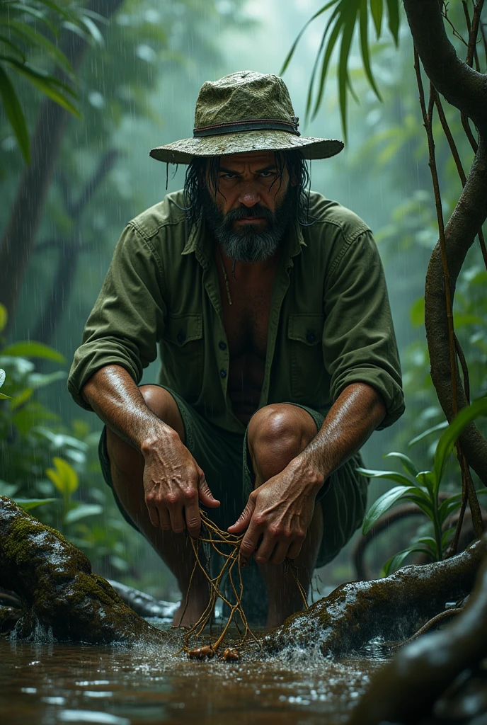 Photorealism 1.2 man from the swamp remove leechers from her legs green tears shirt jungle hat sling bag heavy  raining day