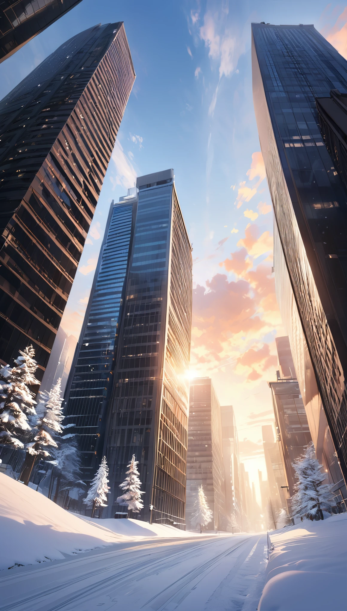 Quiet morning, Snow Scene, Skyscrapers, Morning Glow, Fluttering powdery snow, Low angle shot, Ultra-wide-angle lens, Looking up at the sky, Accumulated snow, White scenery, A world without color, フォトRealistic:1.2, Realistic, Inorganic, high quality, high resolution, masterpiece:1.2
