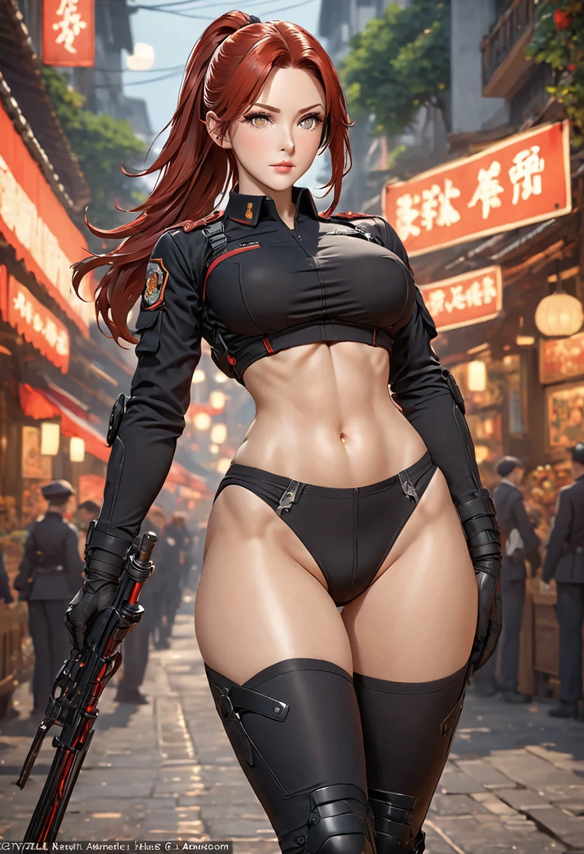 ((best quality)), ((artwork)), ((extremely detailed face)), ((perfect lighting)), ((extremely detailed CG)), ((perfect hands, perfect anatomy)) Appearance= pale; ((hazel color eyes)); long red hair, often tied in a ponytail; sharp jawline; tall, athletic, slender, supple, busty, thick thighs; black combat uniform, leg pants Personality= mature, loyal to {{char}}, calm