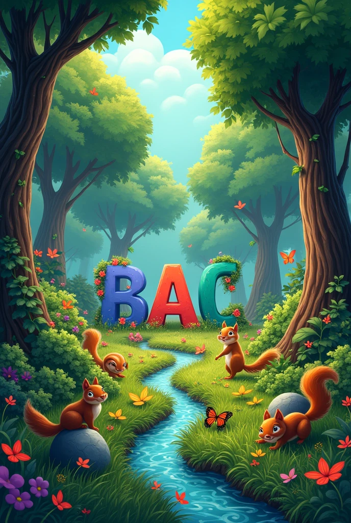 A colorful animated forest with the letters A, B, and C hidden among the trees.