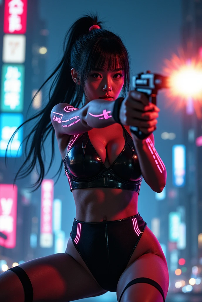 ultra-realistic, photorealistic, dramatic scene, (20 years old Japanese famous idol girl:1.5), (holding a gun, aim and shoot:1.3), (wearing cyber punk bodysuits with neon markers), standing at cyber punk metropolitan at night, amazing view of skyscrapers, huge breasts, acrobatic pose, dynamic angle, beautiful face, beautiful eyes
