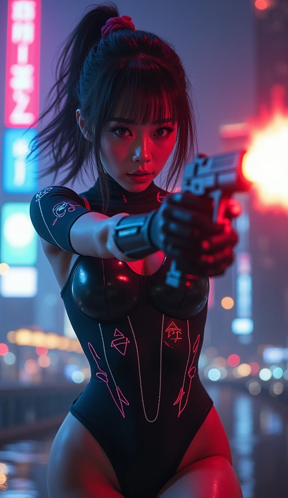 ultra-realistic, photorealistic, dramatic scene, (20 years old Japanese famous idol girl:1.5), (holding a gun, aim and shoot:1.3), (wearing cyber punk bodysuits with neon markers), standing at cyber punk metropolitan at night, amazing view of skyscrapers, huge breasts, acrobatic pose, dynamic angle, beautiful face, beautiful eyes