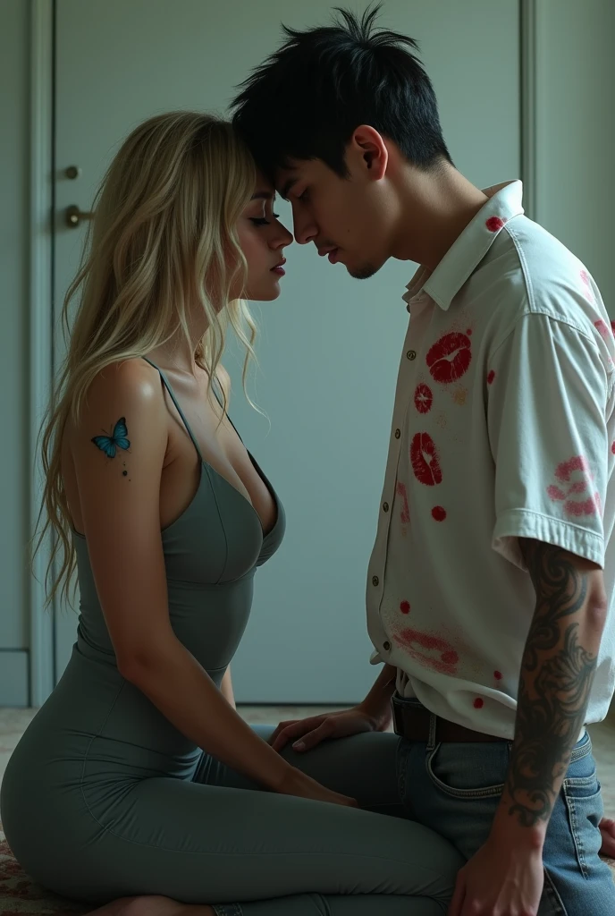 Generate me a picture of a blonde girl with blue eyes with tears in her eyes, a butterfly tattoo and a sexy two piece suit crying on the legs of a guy with Asian features with not so slanted eyes with a white shirt full of red lipstick kisses and unbuttoned pants with a lip piercing. Both full body and white skin 