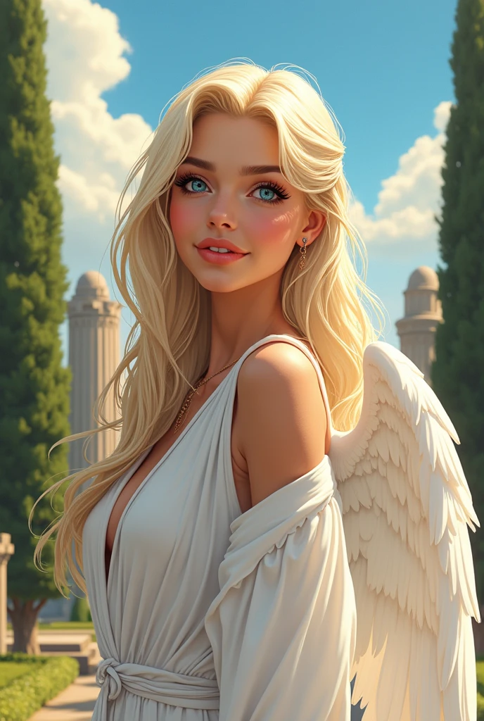 Masterpiece illustration, very detailed face, the most beautiful mature woman, small blue eyes, long elegant slim face, defined cheekbones, stunning and beautiful, detailed radiant eyeliner and eyeshadow, wonderous and natural grace, pleasant smile, fun filled and playful, beautiful flowing blonde hair, flowing white robes, (perfect angel wings), detailed full cleavage, sexy and slim figure, inside a beautiful ancient granite palace, tall vibrant green trees, fantastic sunny day with puffy clouds in the sky, ambient light, rim light, side view,