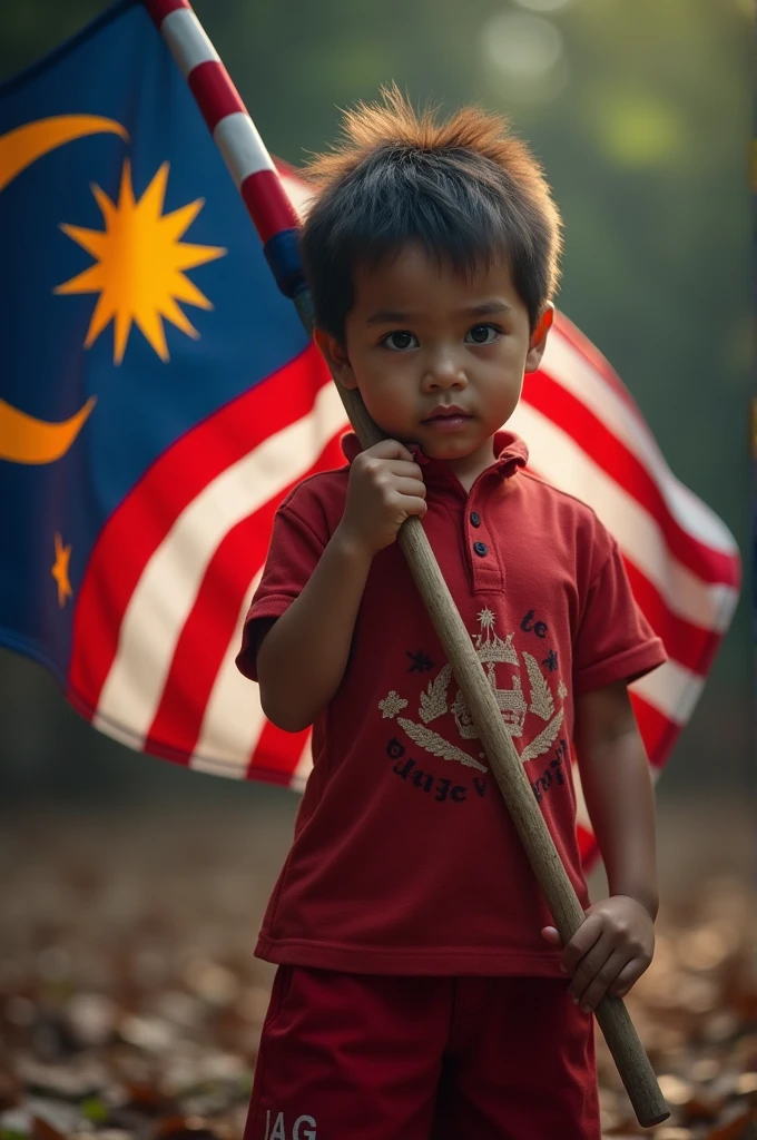 a young boy 5 year old . Smile . holding 1 miniature malaysia flags((perfect malaysia flag"), tilf shift photography, all people running quickly, one person standing still in the center, detailed faces, highly detailed, 8k, photorealistic, vibrant colors, dramatic lighting, cinematic composition