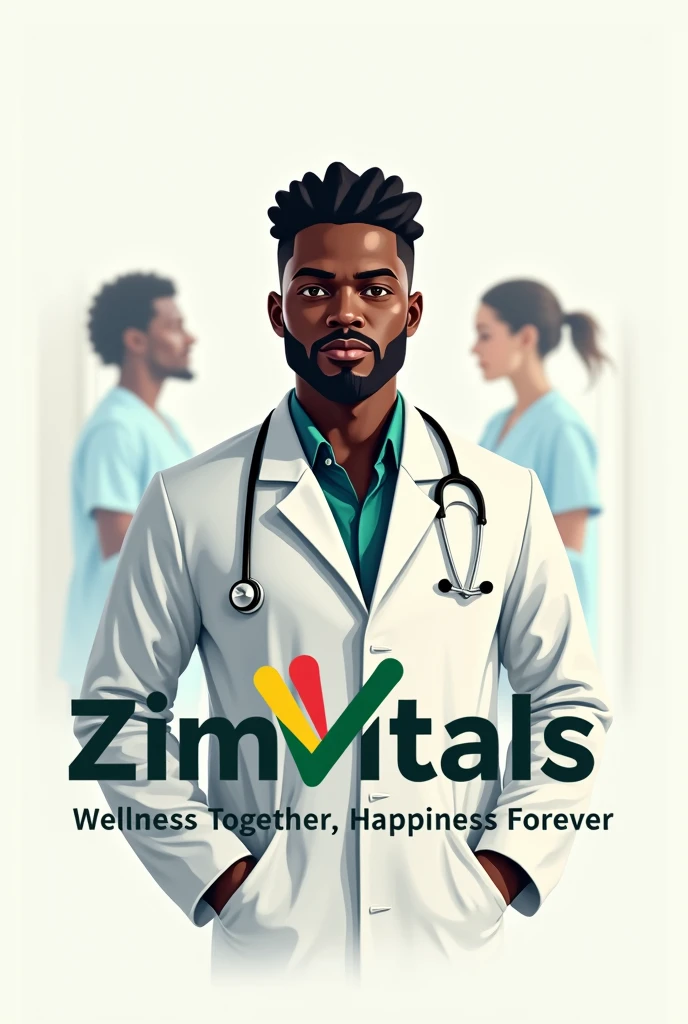 I want a logo for a health channel called ZimVitals, with motto "Wellness together, happiness forever". With a reaslistic black doctor with a patient in the background. Put a Z which has green, yellow, red and black in that order.