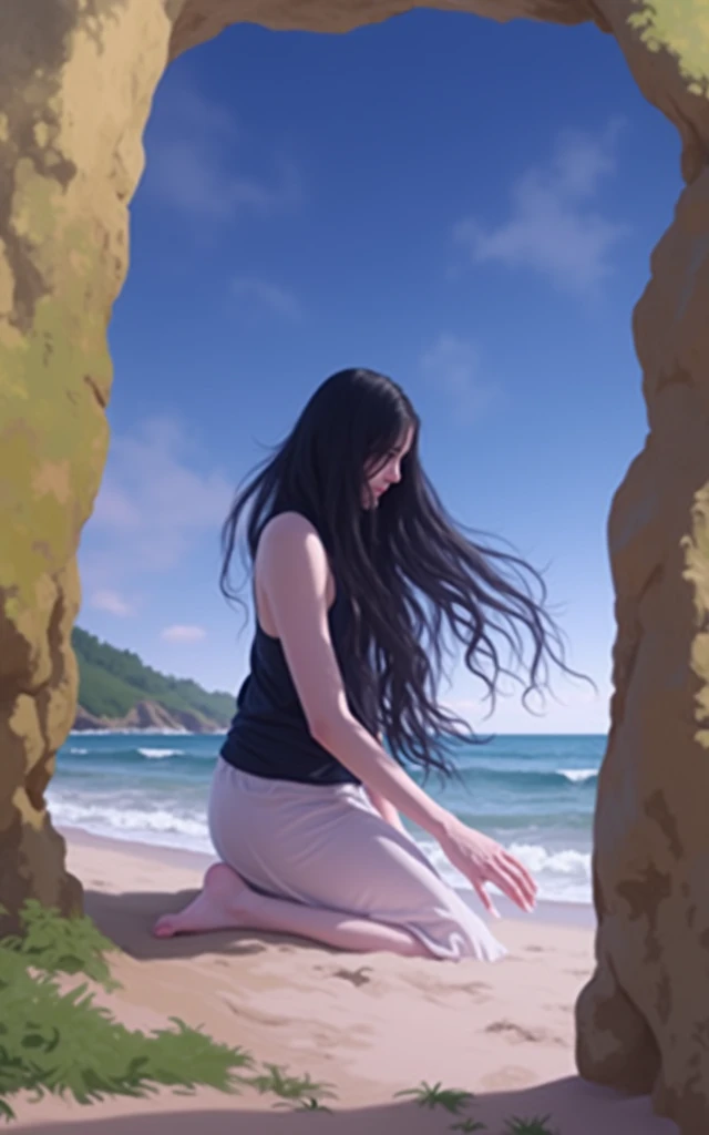 

* **Subject:** A woman with long dark hair.
* **Setting:** A beach with a vast ocean.
* **Colors:** Blue, white, with hints of yellow and green.
* **Mood:** Peaceful, serene, and calming.
