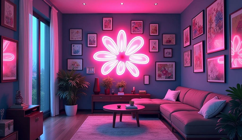 Anime Style、A room decorated with many paintings、cyber-、Flower shaped neon,component