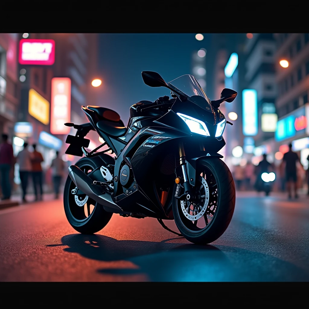 R15 v3 black bike in banglore city night people walking