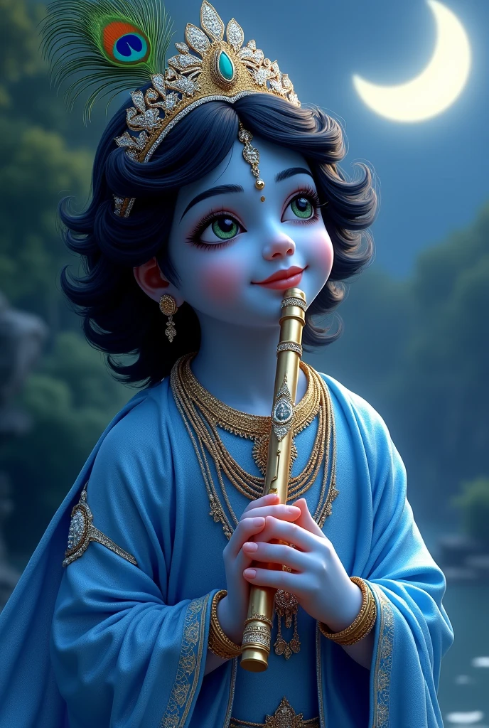 Shri Krishna most handsome man in blue mirror like dress under crescent moon having flute in his hand cascading black hair on his neck and his mesmerizing doe
eyes
and wearing peacock feather and dimond crown not big crowds just like clip having smile on his face make his face more attractive facing towards me , standings smile and calmness on his face face playing that flute more attractive from little away