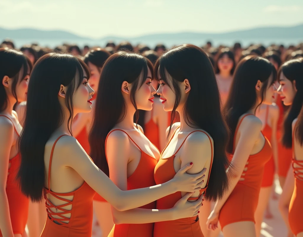 (((((Japanese Clone-girls=Myself))))), (((Super Best masterpiece Clone-girls Raw Photography Art))), (((16K, Highest quality, Ultra-high resolution, RAW Photos))), (((It's so unrealistic., With unparalleled depiction, With an unfathomable sight, An unprecedented and shocking worldview, Clone-girls: In a world of mass reproduction, Ultra-realistic))), (((Japanese Girls, Sasaki Nozomi, 28yo, Small face, Thick black hair, Medium to long hair, Dark Eyes, Mature face, Cute Smile, Smiling face, A gentle gaze, (((Very happy laughter)))))), (((Very beautiful detailed girls, Accurate body structure, Accurate body movements, Very detailed body, (((Super big breasts, Large bulge of ample breasts)))))), (((Orange swimsuit, Cleavage Emphasis, Emphasise the fullness of your breasts))), ((((((((Very detailed, Myself cloning, Depiction of splitting oneself, 1Myself girl→1,000,000,000,000,000,000,000,000,000,000Myself cloning girls)))))))), (((((((Myself clone-girlsから, Myself keeps multiplying, (Very detailed and intricate, To the exact, Flawless, (((In the same female body,With the same face, With the same hairstyle, In the same clothes, At the same height, 同じSuper big breastsである))), In a detailed depiction), 1,000,000,000,000,000,000,000,000,000,000 people))))))), (((((Myself girls only))))), (((((1,000,000,000,000,000,000,000,000,000,000Myself girls))))), (((((Very detailed depiction, Multiple or more Myselves, Physical contact, Pleasant conversation, Holding hands, Hug, walk, Turn around, Shift your gaze))))), (((Very detailed, Extremely crowded, Body-to-body contact with no gaps))), (Bright and soft light), (((((Clear and accurate perspective depiction, super wide view, Ultra-wide field of view, Focus on the average value of the image))))), A crowd of Myself filling up the horizon, Everyone is sexy!!!!, I want to touch each other, I want to have sex with everyone, I want to put my boobs together, Everyone is me, so it's okay to touch them, Sex with a group of people!!!!!