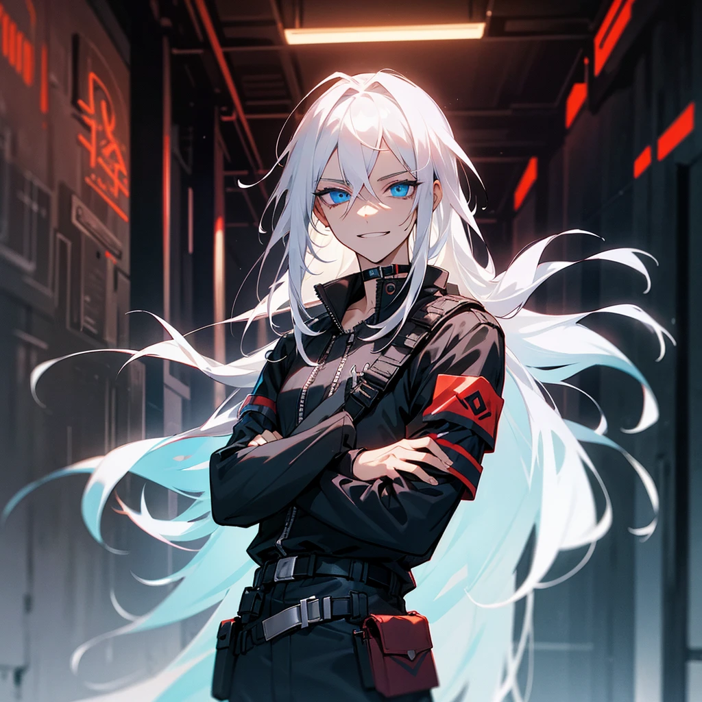 White hair, long hair, straight hair, male, man, blue eyes, tall, wiry, jacket, choker, armband, long boots, belt, waist pouch, with a black bandage, delicate facial features, toned, cyberpunk, inside, in the subway, determined, half body photo, upper body, face, grinning, evil smiling, irisless eyes, with crazy eyes, traumacore, dark atmosphere