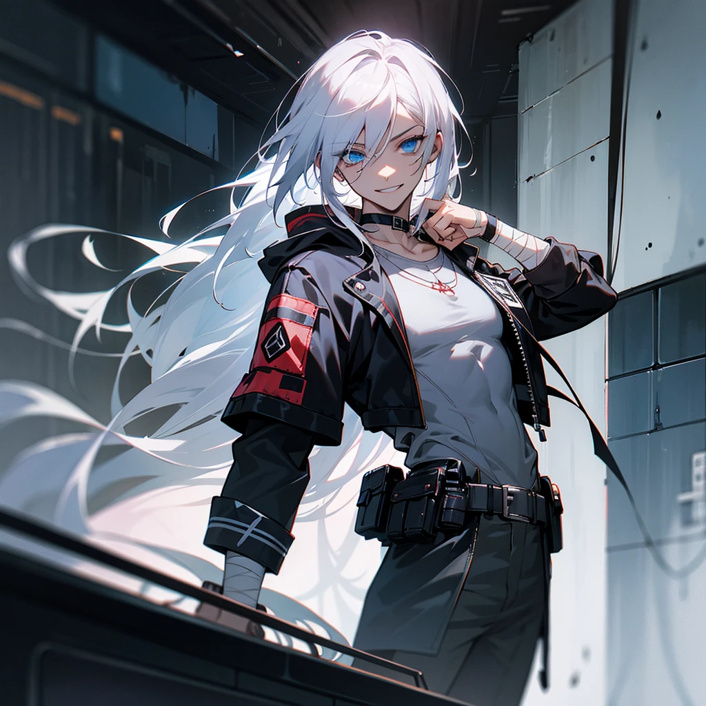 White hair, long hair, straight hair, male, man, blue eyes, tall, wiry, jacket, choker, armband, long boots, belt, waist pouch, with a black bandage, delicate facial features, toned, cyberpunk, inside, in the subway, determined, half body photo, upper body, face, grinning, evil smiling, irisless eyes, with crazy eyes, traumacore, dark atmosphere