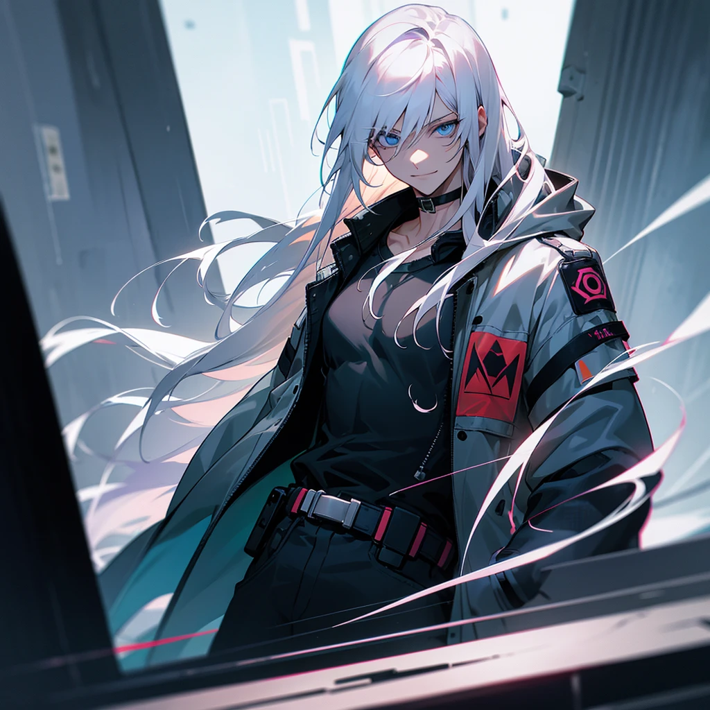 White hair, long hair, straight hair, male, man, blue eyes, tall, wiry, jacket, choker, armband, long boots, belt, waist pouch, with a black bandage, delicate facial features, toned, cyberpunk, inside, in the subway, determined, half body photo, upper body, face, grinning, evil smiling, irisless eyes, with crazy eyes, traumacore, dark atmosphere