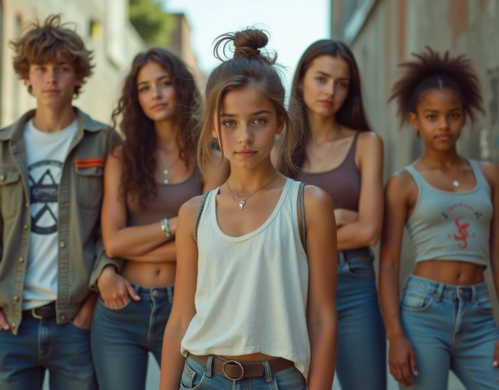 Photo of a teenage girl in skater fashion and her male and female friends. Everyone is wearing a tank top