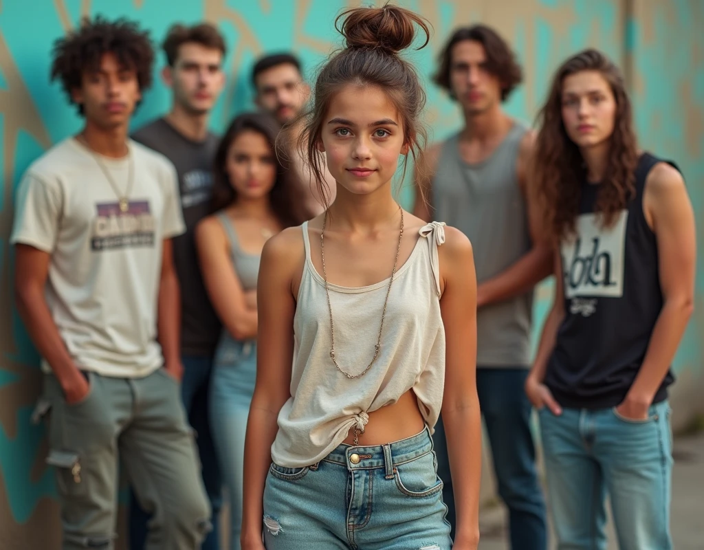 Photo of a teenage girl in skater fashion and her male and female friends. Everyone is wearing a tank top