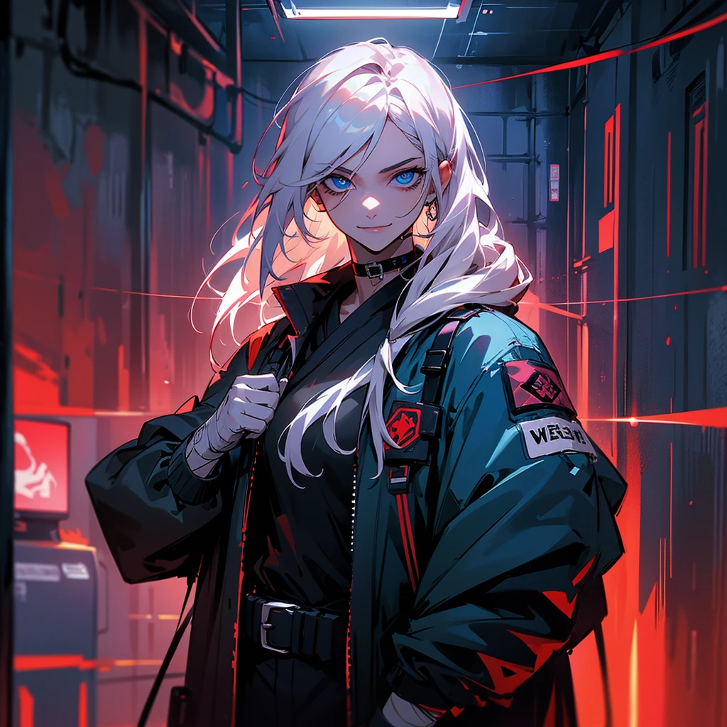 White hair, long hair, straight hair, male, man, blue eyes, tall, wiry, jacket, choker, armband, long boots, belt, waist pouch, with a black bandage, delicate facial features, toned, cyberpunk, inside, in the subway, determined, half body photo, upper body, face, grinning, evil smiling, irisless eyes, with crazy eyes, traumacore, dark atmosphere