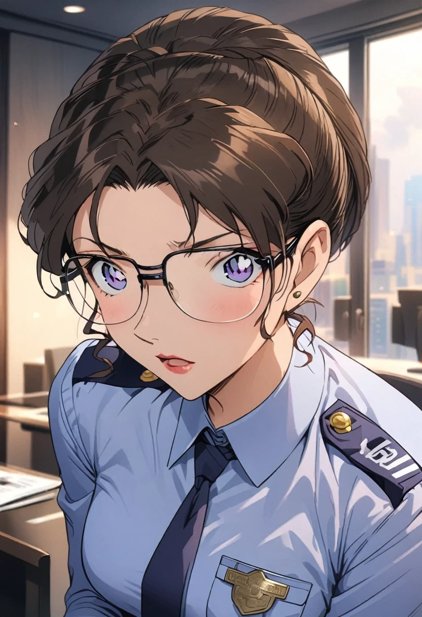 Female police uniform，a beautiful  woman， brown hair, （solo：1.2），（highest quality，masterpiece：1.2），with glasses，anime style