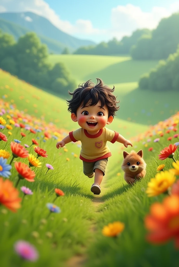 Ali running joyfully through green fields with Bobo, colorful flowers all around, with both of them smiling and enjoying the fresh breeze.