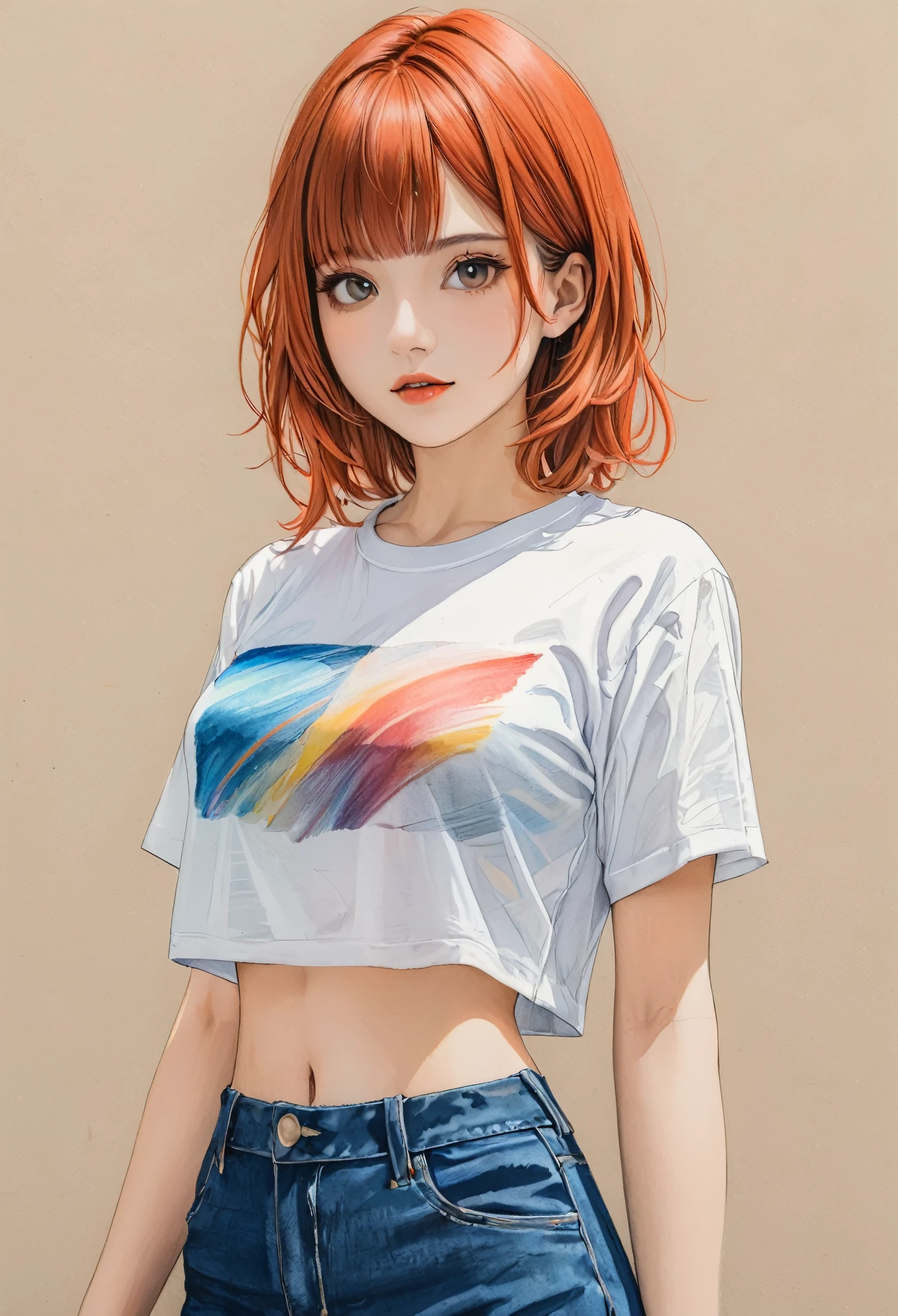 woman,Cropped shirt,White,Art,Colored pencil sketch,Ink Painting