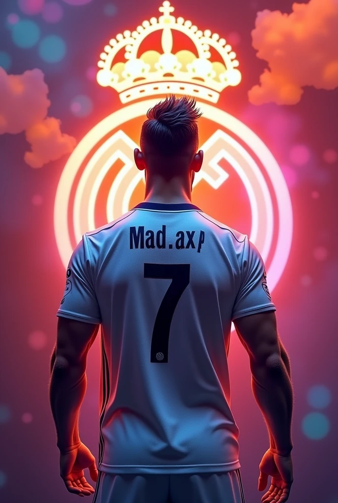 Make a ronaldo  photo from a back side  with the colour full back ground with real madrid logo and give a better look also give a shirt no 7 on his shirt with a name of MAD.AXP