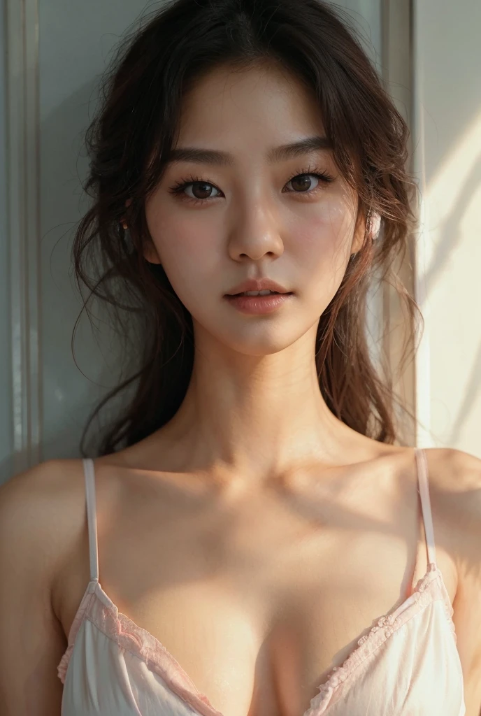 A 2 Korean woman with a cute face, high nose, fair skin, pinkish color, sexy A-cup breasts, is having sex with a man.