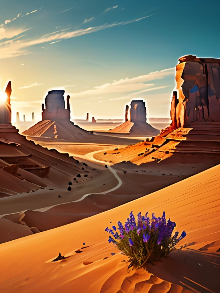 a close up of a flower growing in the sand near a rock, a matte painting by Carl Rahl, shutterstock contest winner, romanticism, desert flowers, serene desert setting, australian wildflowers, monument valley, gigantic pillars and flowers, beautiful setting, style of monument valley, arizona desert, desert scenery, flowers in foreground, harmony of desert, gorgeous scenery