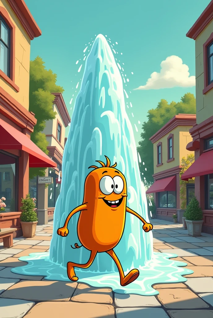 A cartoon urinating like fountain while walking
