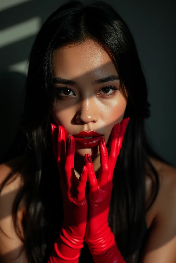 Close-up image of an Indonesian woman with full red lips slightly parted, dramatic expression, long straight black hairstyle. dynamic pose. The lighting creates an interplay of light and shadow, with the horizontal lines of the window blinds across her face, her wearing red gloves adding a cinematic and mysterious atmosphere. a sophisticated and bold aesthetic. The background is dark, further highlighting the stark contrast of light and shadow on their faces and lips, intense, 4k.