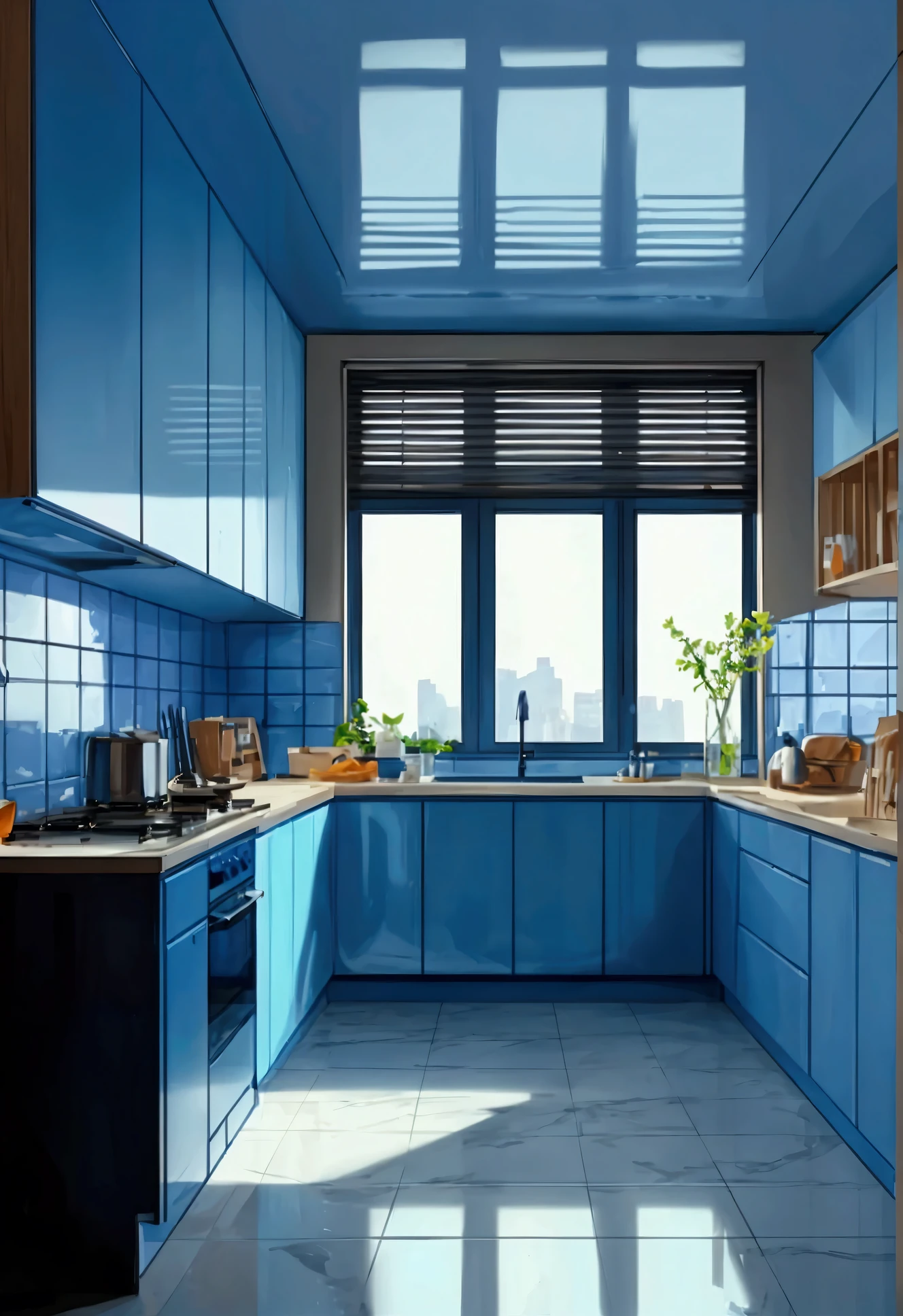 A blue color themed kitchen background 