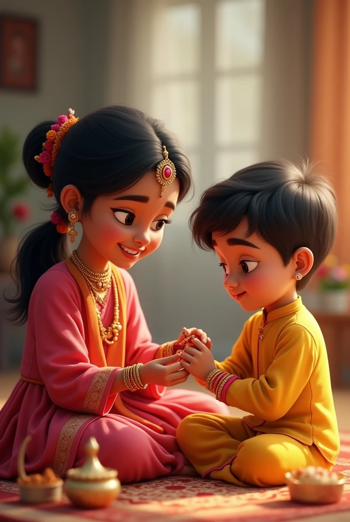 Elder sister named Shreya wearing multicolour kurti tying rakhi to younger brother named yash wearing yellow kurta